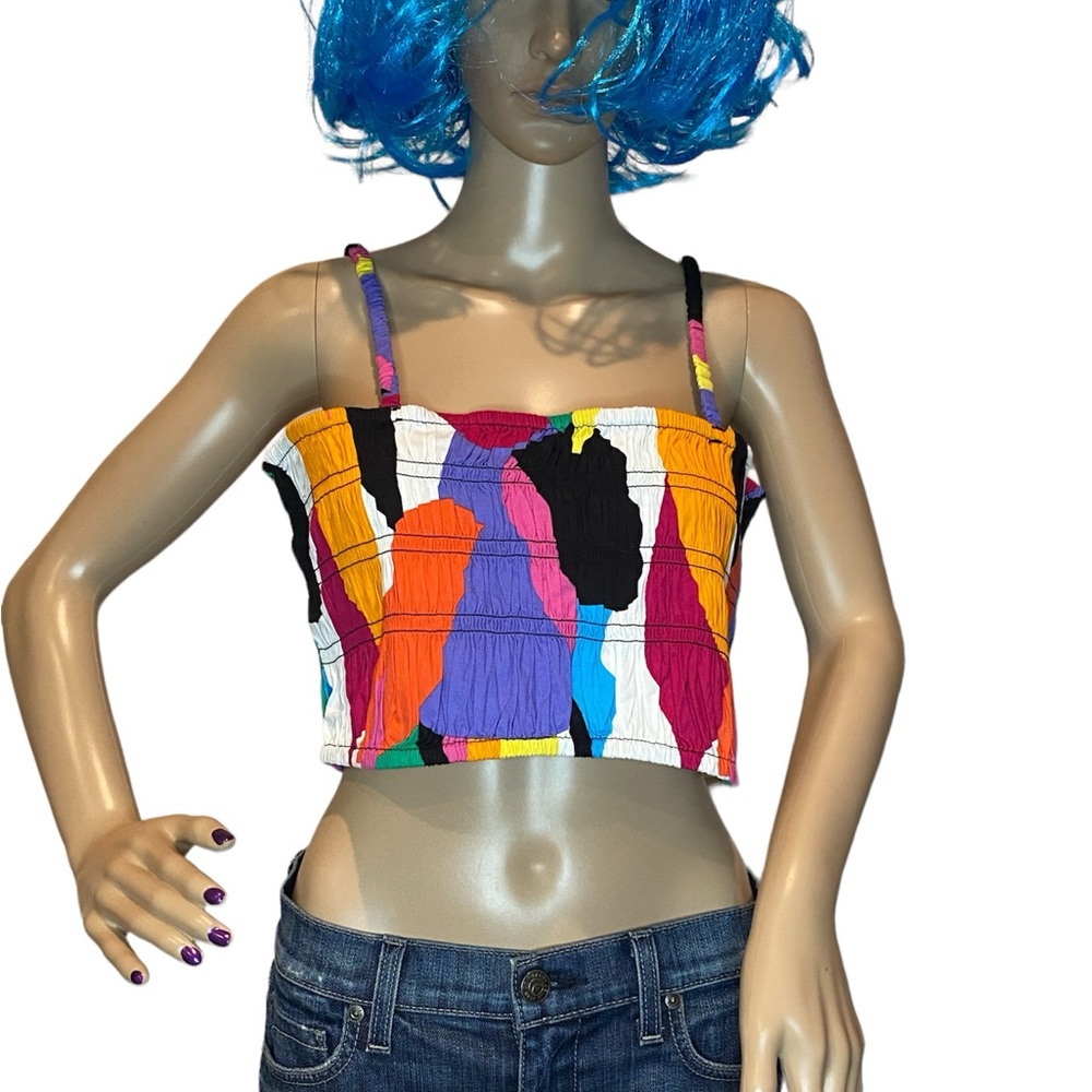 A New Day Slim Fit Smocked Tiny Tank Top Shirt Colorful Abstract Print Sz XL NWT